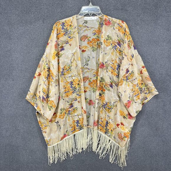Bishop + Young Kimono Cardigan Womens Medium Large Beige Floral Fringe Sheer - Picture 1 of 16